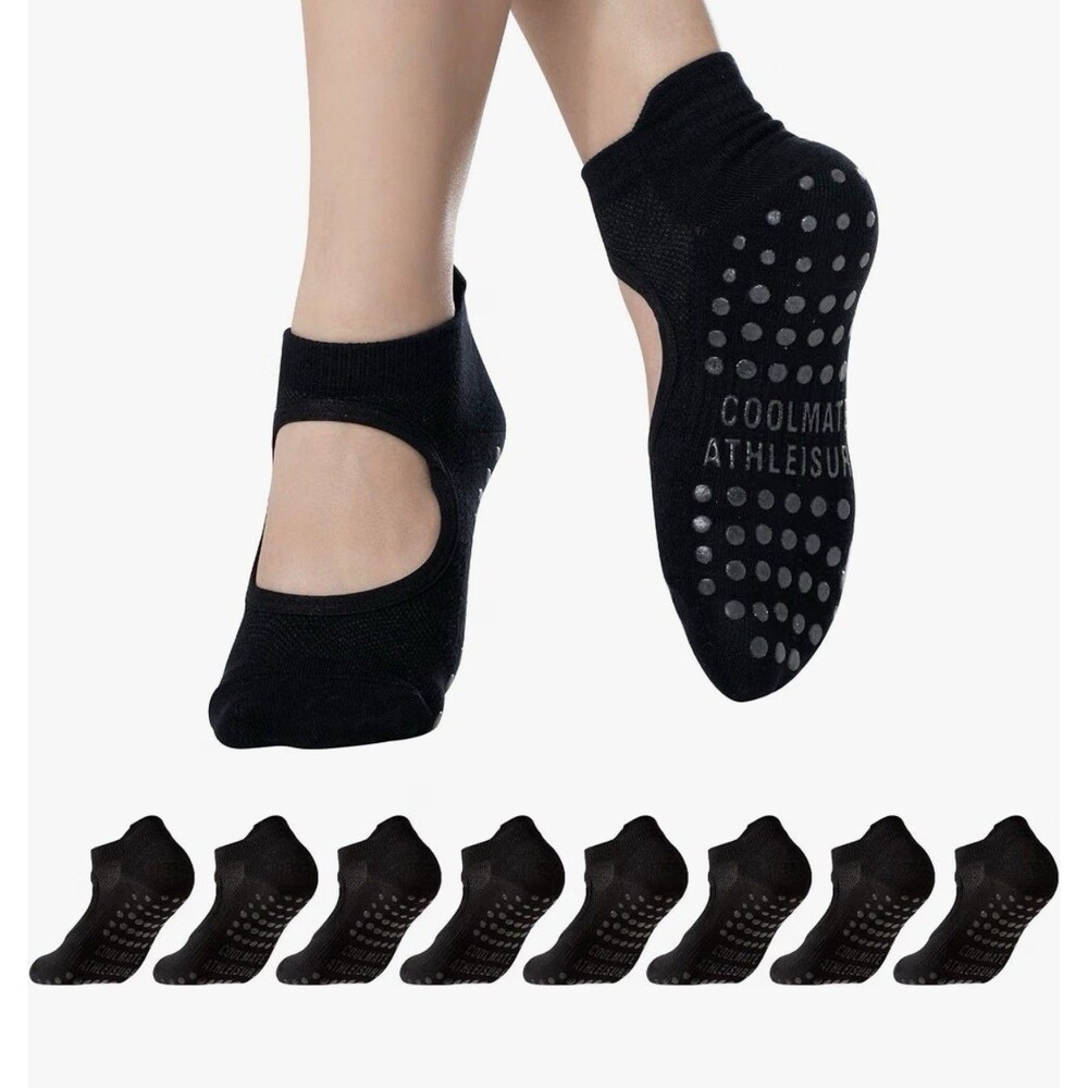 4 Pairs COOLMATE Women's Yoga Pilates Grip Socks Non-Slip Black Size 6-10 - NEW